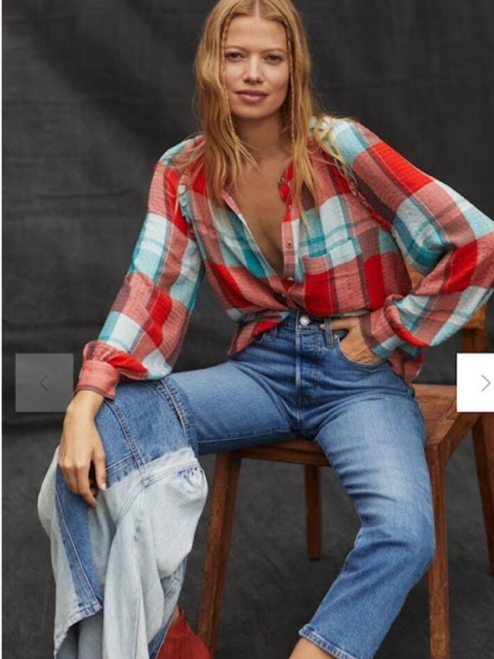 Anthropologie Pilcro Breezy Button Down Red Blue Plaid Buffalo Top Blouse XXS